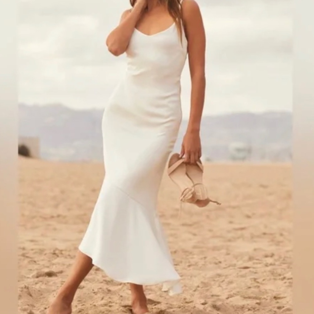 NWT Lulus Strictly Romance White Satin Tiered Asymmetrical Midi Dress  (XL)